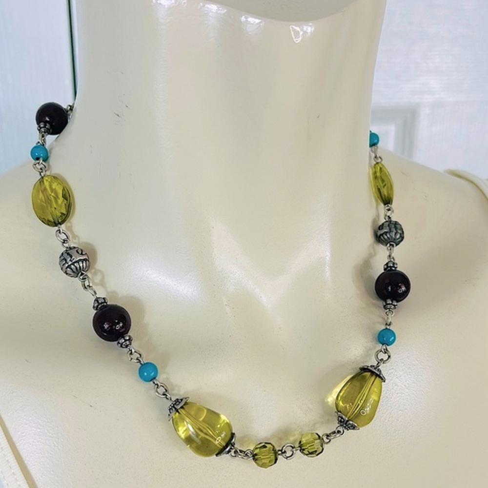 Bohemian necklace - Multi textured multicolored silver tone adjustable necklace